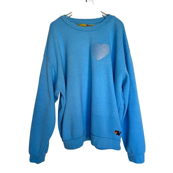 Aviator Nation Tops - Aviator Nation Glitter Heart Relaxed Crew Sky Blue Medium